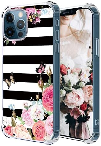 Hepix Csíkos Virágos Esetben Kompatibilis az iPhone 12 Pro Max 6.7 hüvelyk 5G 2020, Rózsaszín Rózsa Virág, Pillangó Design Ügyben,